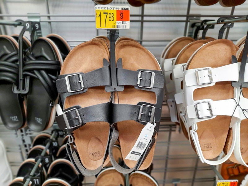 Walmart's display of dupe Birkenstock sandals.