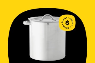 stainless steel stockpot on a black and yellow background
