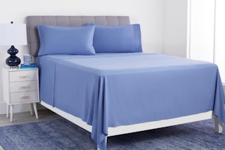 South Street Blue 4-Piece Sheet Set displayed in a bedroom HSN