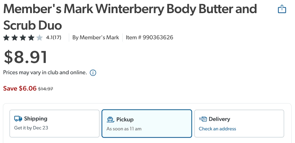 screenshot of $8.91 winterberry body care duo