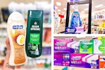 collage image of irish spring and softsoap body wash, crest oral care, and swiffer products