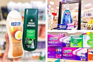 collage image of irish spring and softsoap body wash, crest oral care, and swiffer products