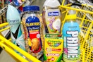 prime, softsoap, degree, planters, crayola in a dollar general shopping cart
