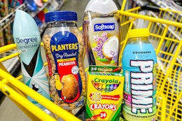 prime, softsoap, degree, planters, crayola in a dollar general shopping cart
