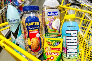 prime, softsoap, degree, planters, crayola in a dollar general shopping cart