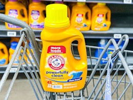 Arm & Hammer 48-load detergent bottle in Walmart shopping cart