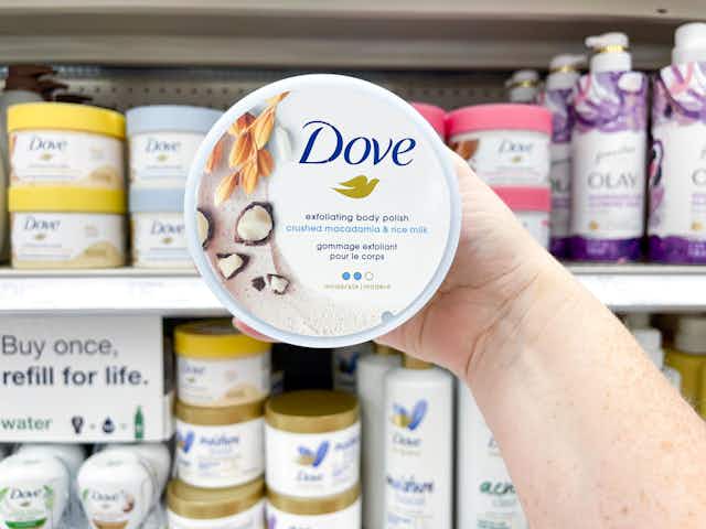 Dove Macadamia & Rice Milk Body Scrub, Now $4.89 on Amazon card image