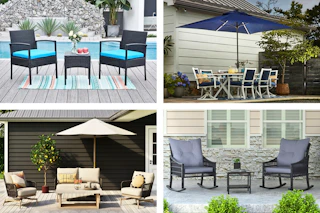 4 lifestyle images of patio furniture from Lowe's (sets + solar umbrella)