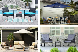 4 lifestyle images of patio furniture from Lowe's (sets + solar umbrella)