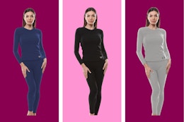 collage image of 3 different colors of womens thermal sets