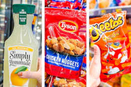 collage image of simply lemonade, tyson chicken nuggets, and cheetos