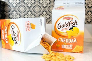 Goldfish crackers spilling out onto counter