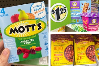 dollar tree mott's fruit snacks, annie's granola bars, annie's mac and cheese, old el paso beans 3-photo collage