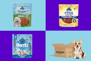 3 bags of cat and dog treats and a dog next to a box in a collage
