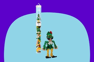 PLUS PLUS – Mini Maker Tube – Elf on a blue background.