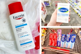 collage image of eucerin lotion, cetaphil cleansing bar, and colgate and crest oral care