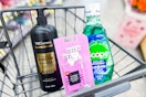 tresemme shampoo, walgreens razors, and scope mouthwash in a cart
