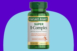 Nature's Bounty Super B Complex Vitamins with Vitamin C & Folic Acid on a blue background.
