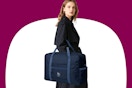 Model wearing a blue weekender bag