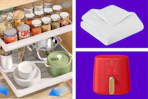 pull out storage, white comforter, and red air fryer