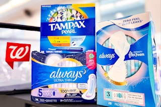 always and tampax products next to a walgreens logo on a basket