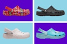 collage image of 4 different styles of crocs clogs