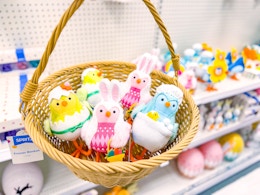 easter birds sitting in a target bastet