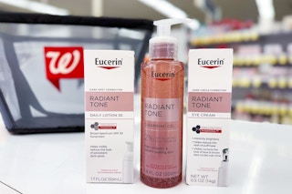 eucerin skincare products on a shelf in front of a walgreens shopping basket