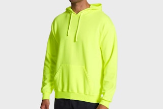 a man wearing a fruit of the loom hoodie