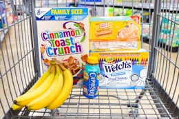 cinnamon toast crunch, bananas, capri sun, oscar mayer, welch's in a shopping cart
