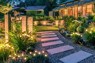 Solar garden lights in a yard