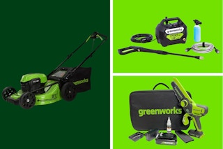 lawn mower, power washer, and mini chainsaw