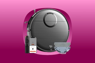 A round black robot vacuum and mop is pictured with a smartphone, remote control, and replacement pad.
