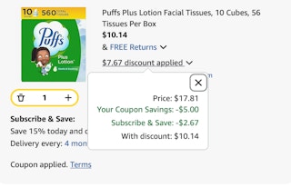 Puffs Amazon receipt