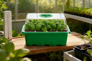 seed starter trays in green house
