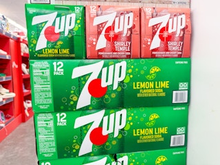 7up soda 12-packs stacked in walgreens