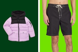 Swiss Tech puffer coat and George Men's swim trunks