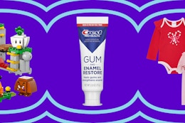 Lego Super Mario set, Crest toothpaste, and baby holiday outfit
