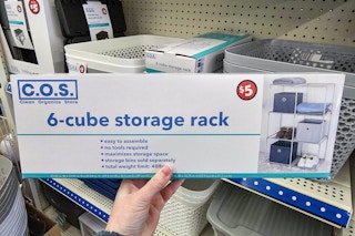 person holding a box containing a cube storage rack
