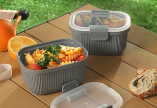 gray bento containers on a picnic table
