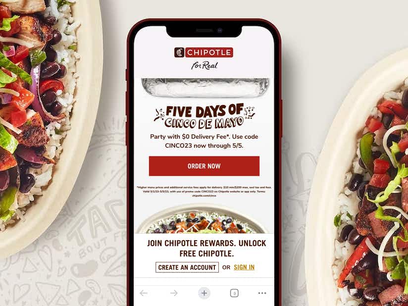 chipotle food and phone on table with screenshots of cinco do mayo deal