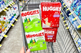 shopping cart with huggies diapers and wipes