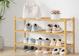 shoes on a bamboo shoe rack