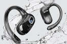  Qecnato Open Ear Earbuds being splashed by water.