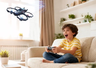 a kid on a couch playing with a drone