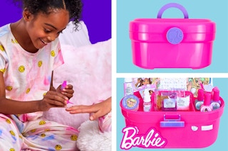 2 stock images and 1 lifestyle image of the Barbie Cosmetic Case