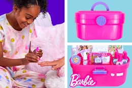 2 stock images and 1 lifestyle image of the Barbie Cosmetic Case