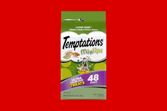 temptations cat treats on a red background