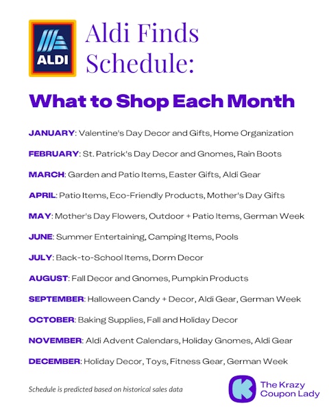 A monthly schedule showing the most popular Aldi Finds seasonal items that get released each month, from January to December.