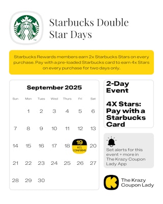 calendar showing the confirmed dates for starbucks double star days in september 2025